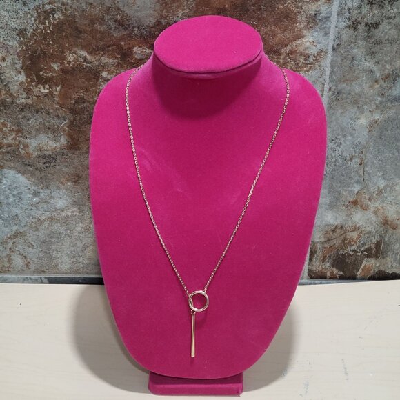 Gold Toned Chain Toggle Clasp Pendant Long Bar Circle Necklace - Picture 2 of 9